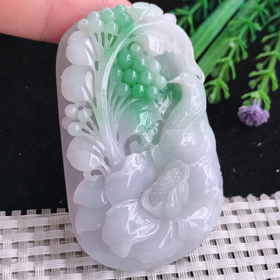 实拍A货翡翠69/43/12.6老坑冰润起胶飘绿花开富贵吊坠翡翠玉牌喜上眉梢
