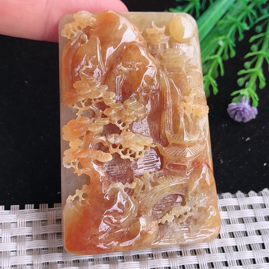 实拍A货翡翠66.6/44.8/12老坑精美温润特色黄翡山水牌吊坠翡翠玉牌大好河山