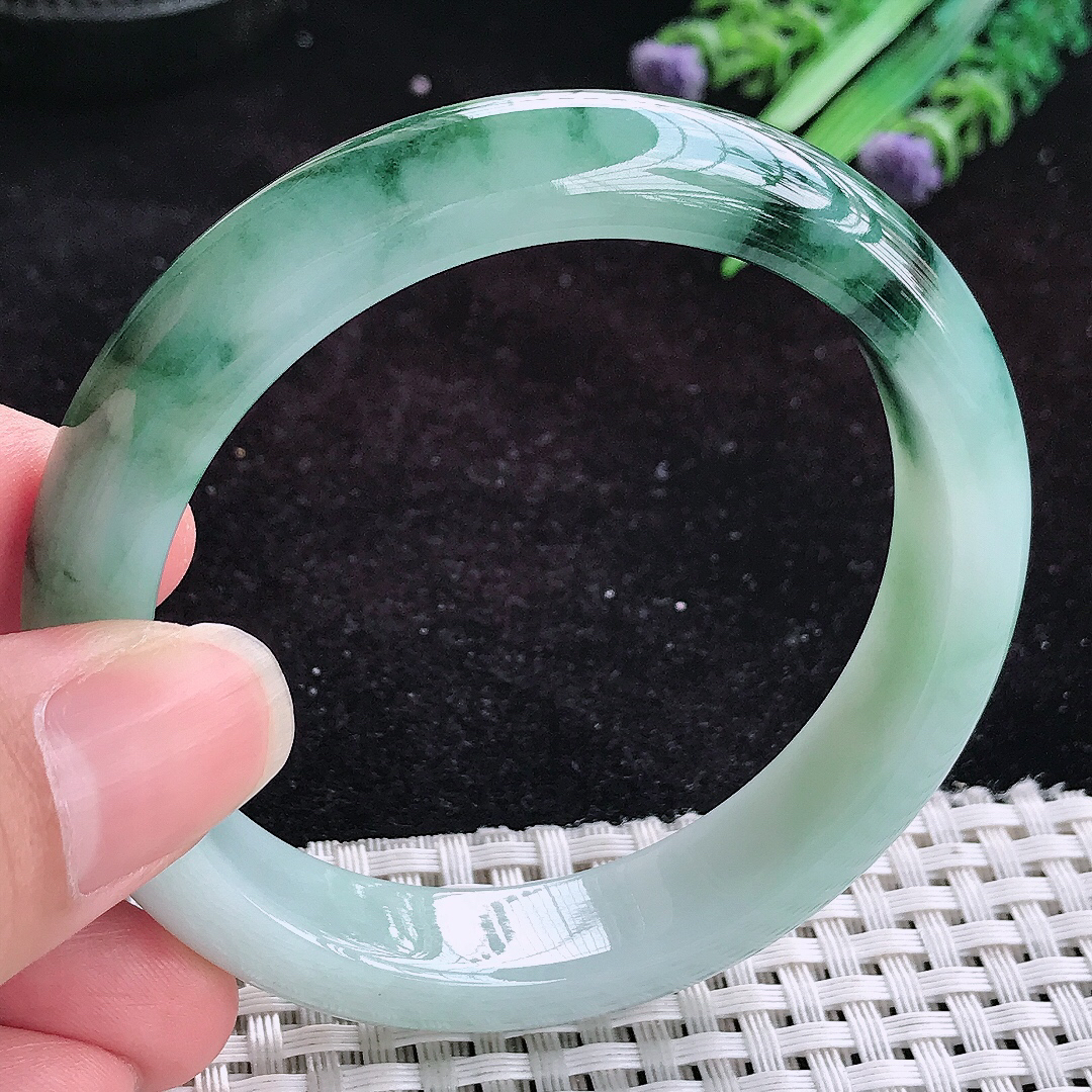 实拍A货翡翠56/12.6/8.1老坑冰润水灵特色飘花手镯玉手镯女款平安镯