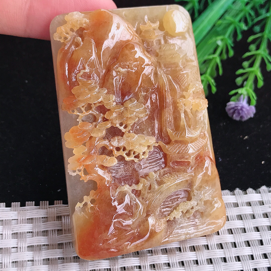 实拍A货翡翠66.6/44.8/12老坑精美温润特色黄翡山水牌吊坠翡翠玉牌大好河山