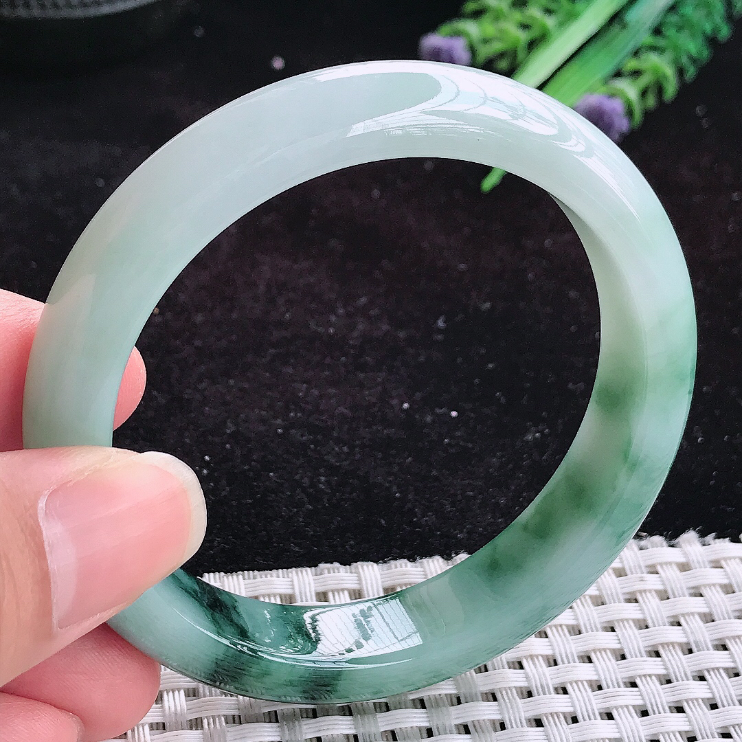 实拍A货翡翠56/12.6/8.1老坑冰润水灵特色飘花手镯玉手镯女款平安镯
