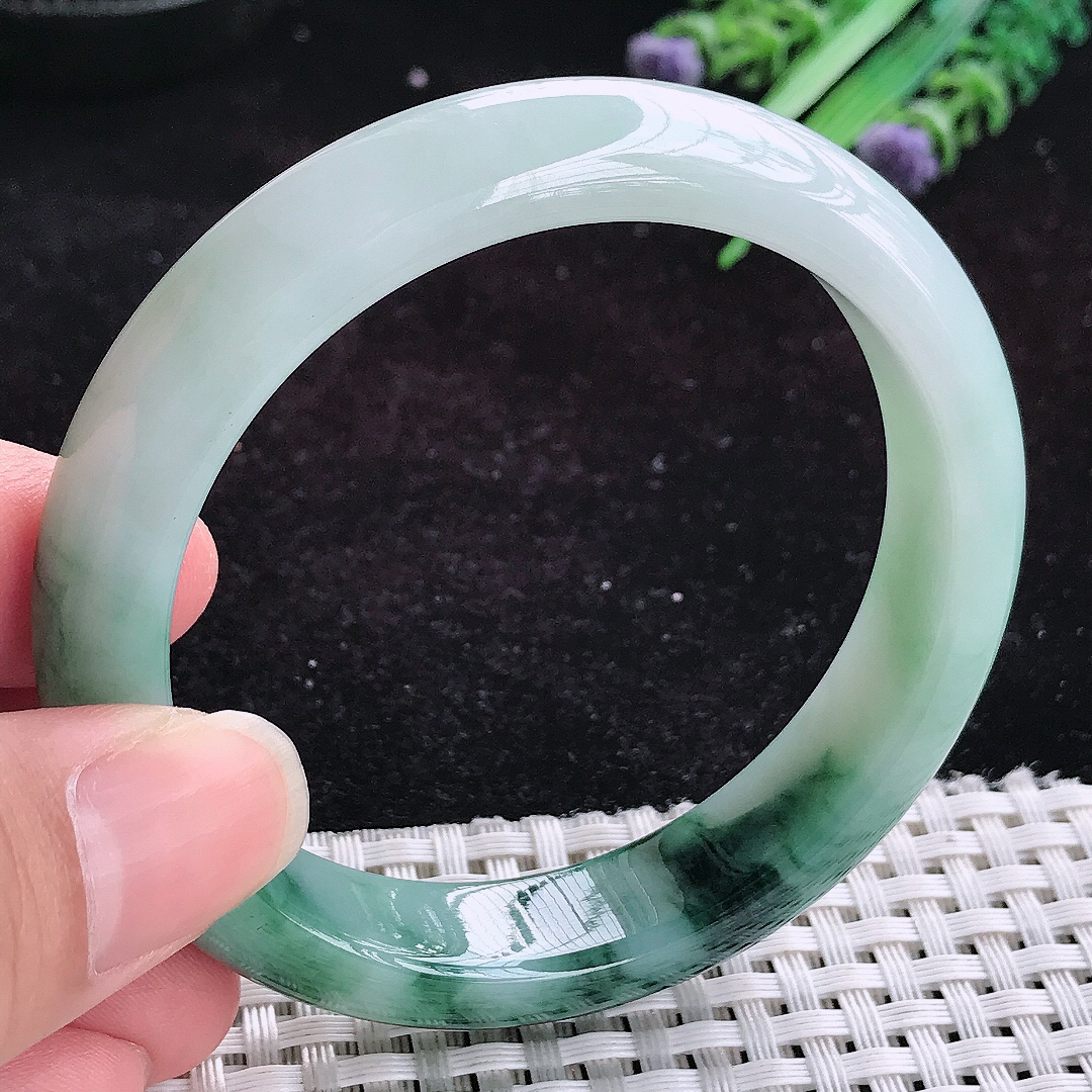 实拍A货翡翠56/12.6/8.1老坑冰润水灵特色飘花手镯玉手镯女款平安镯