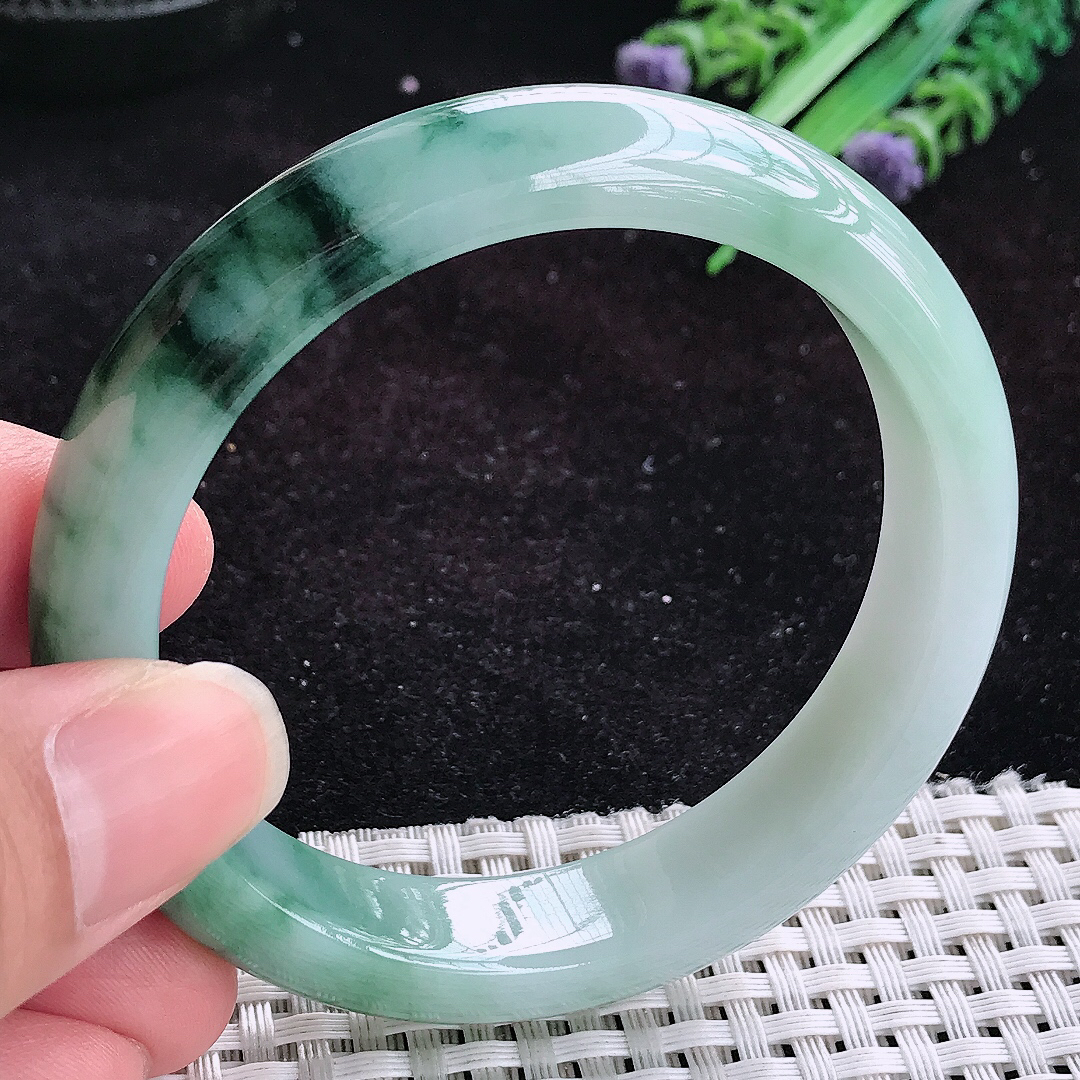 实拍A货翡翠56/12.6/8.1老坑冰润水灵特色飘花手镯玉手镯女款平安镯