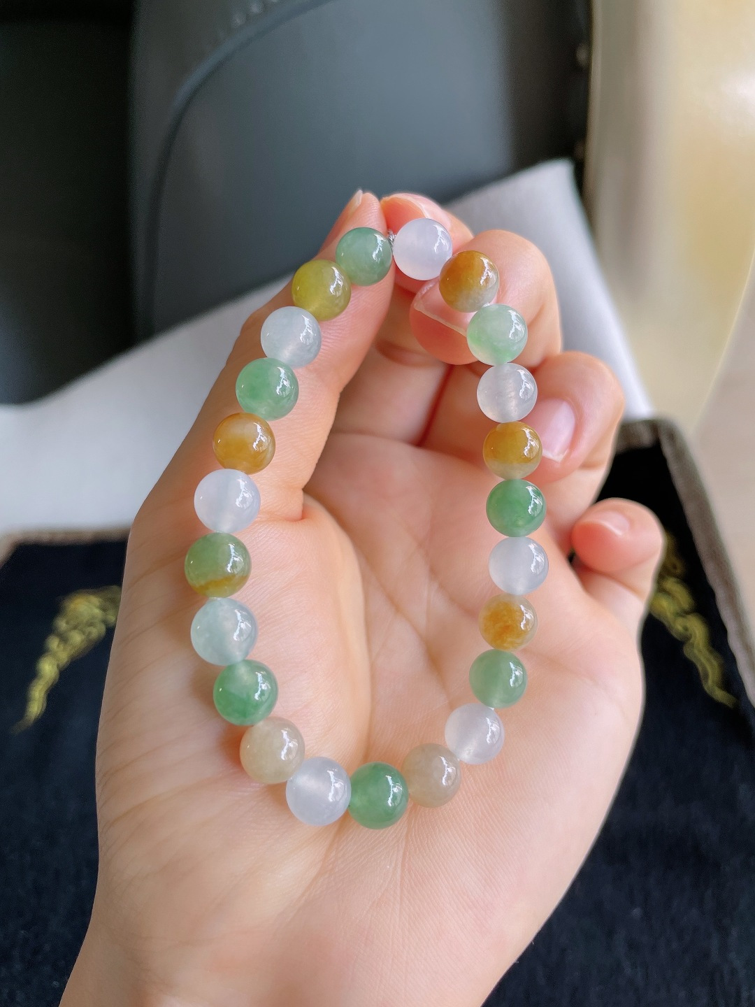天然翡翠A货，冰多宝手串，尺寸：8mm。【编3884】