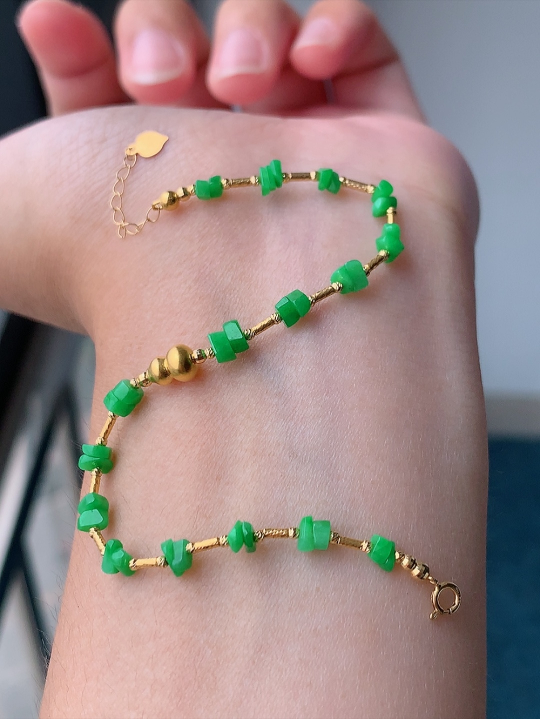 冰阳绿圆珠手链（足金）种色翠色鲜甜冰润起光佩戴优雅迷人货号30604，3.8-1.5