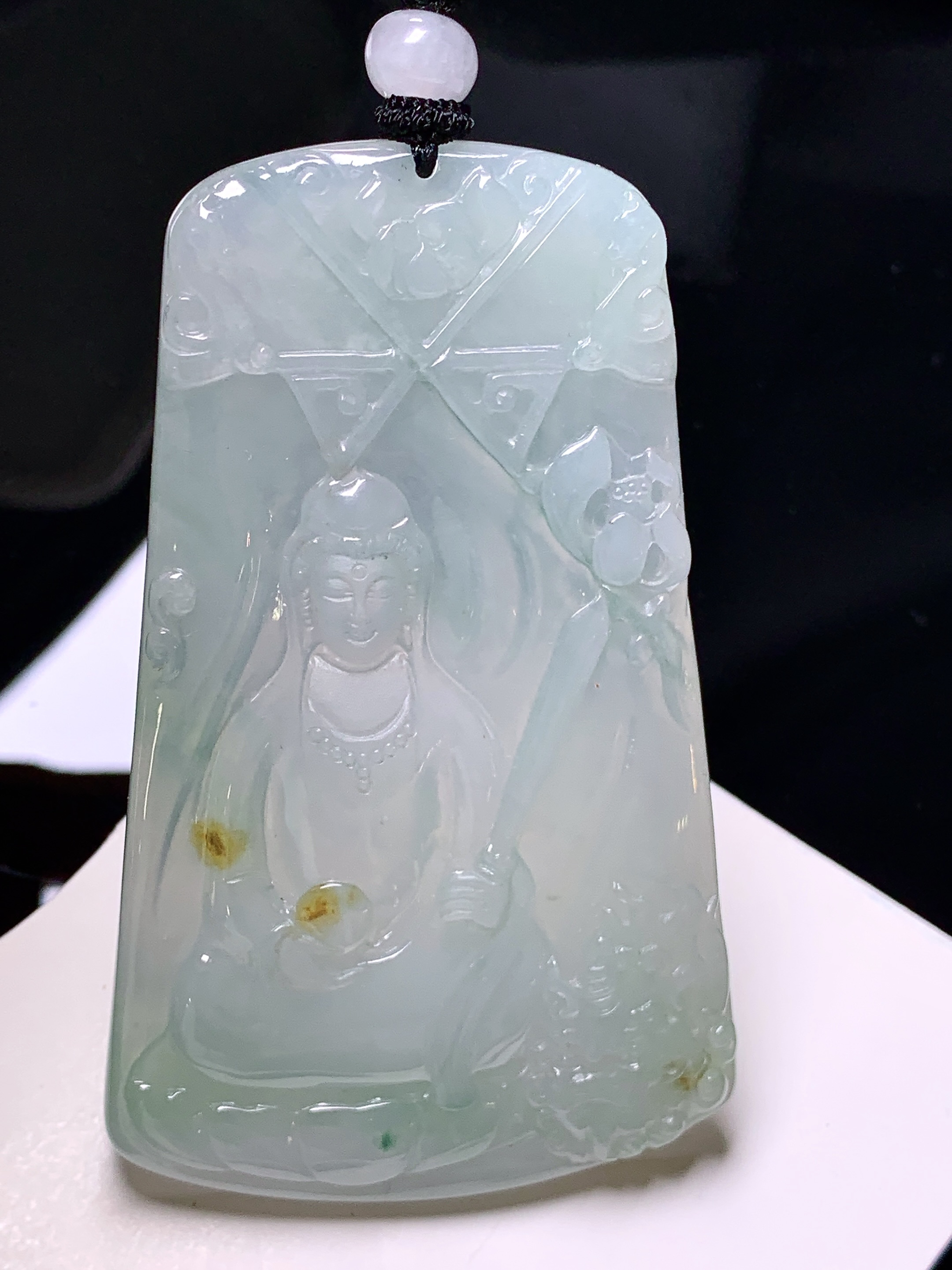 冰种观音菩萨吊坠 玉质细腻 色泽艳丽清新 整体尺寸72*45*5.5 L1