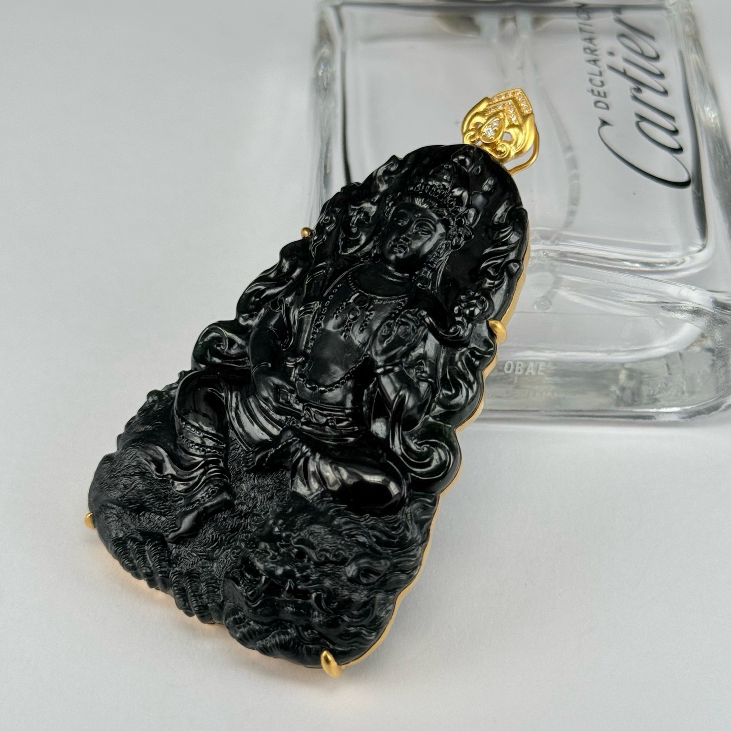 精品18k墨翠文殊菩萨 种好色正 黑度极好 打灯通透 油性十足 尺寸75.1