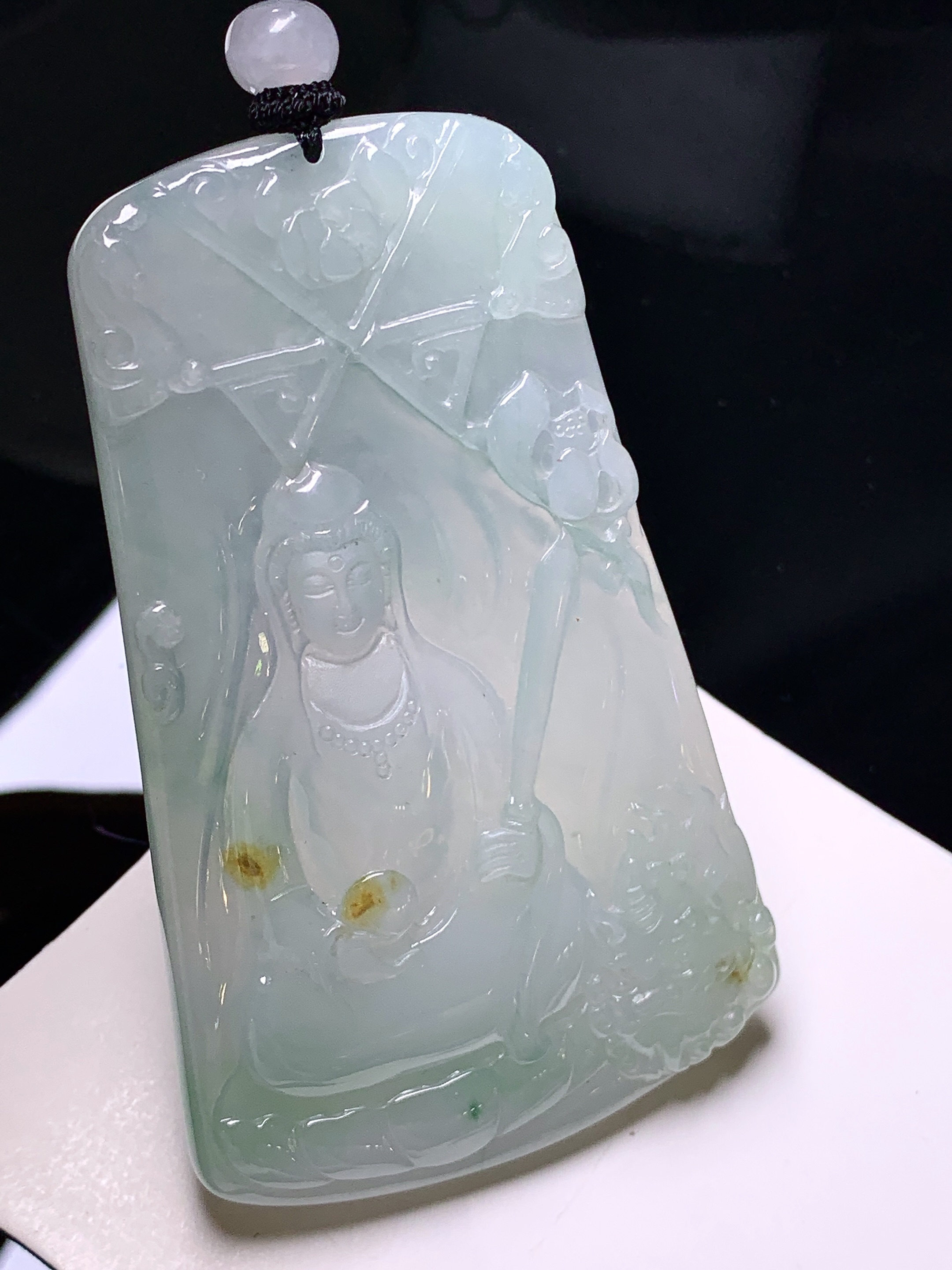 冰种观音菩萨吊坠 玉质细腻 色泽艳丽清新 整体尺寸72*45*5.5 L1
