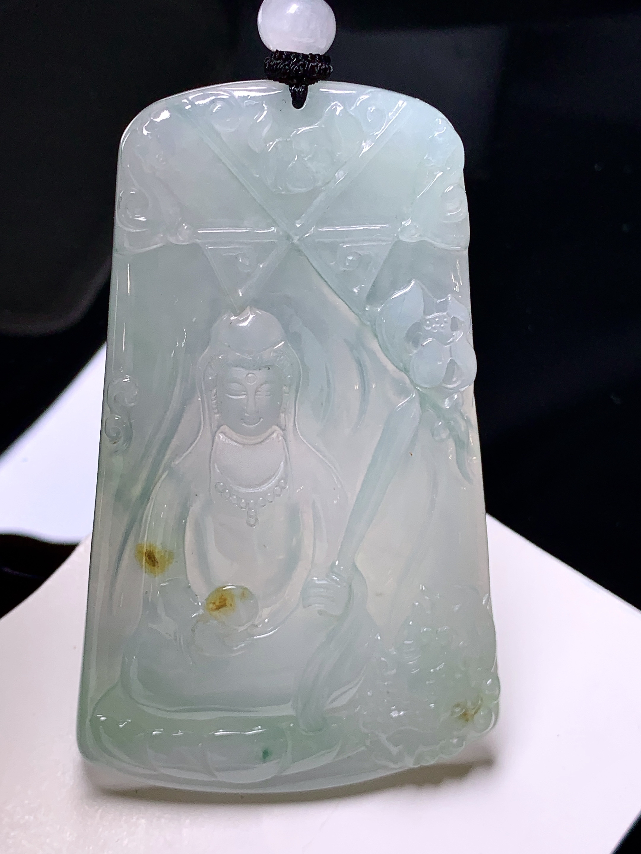 冰种观音菩萨吊坠 玉质细腻 色泽艳丽清新 整体尺寸72*45*5.5 L1