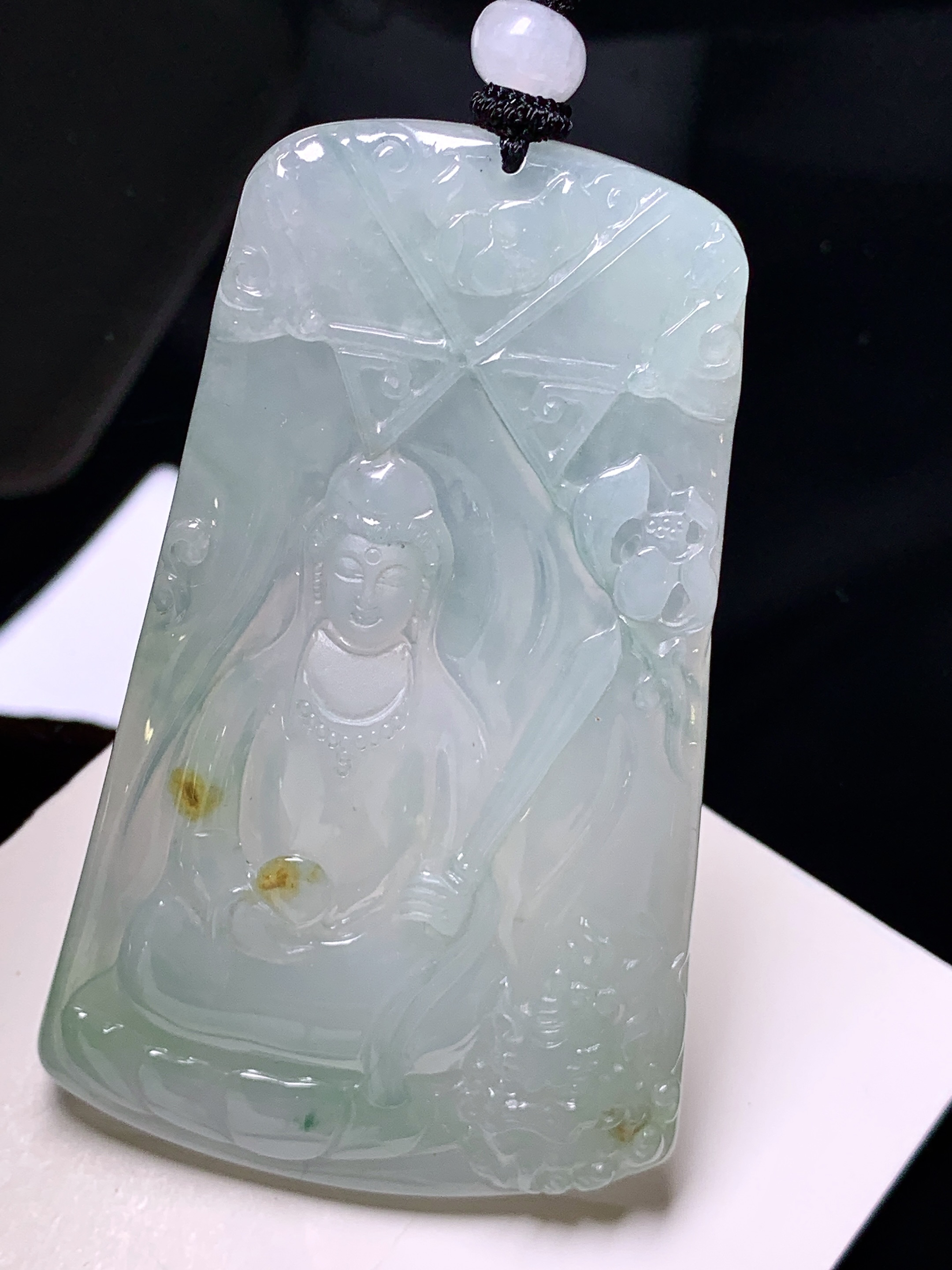 冰种观音菩萨吊坠 玉质细腻 色泽艳丽清新 整体尺寸72*45*5.5 L1