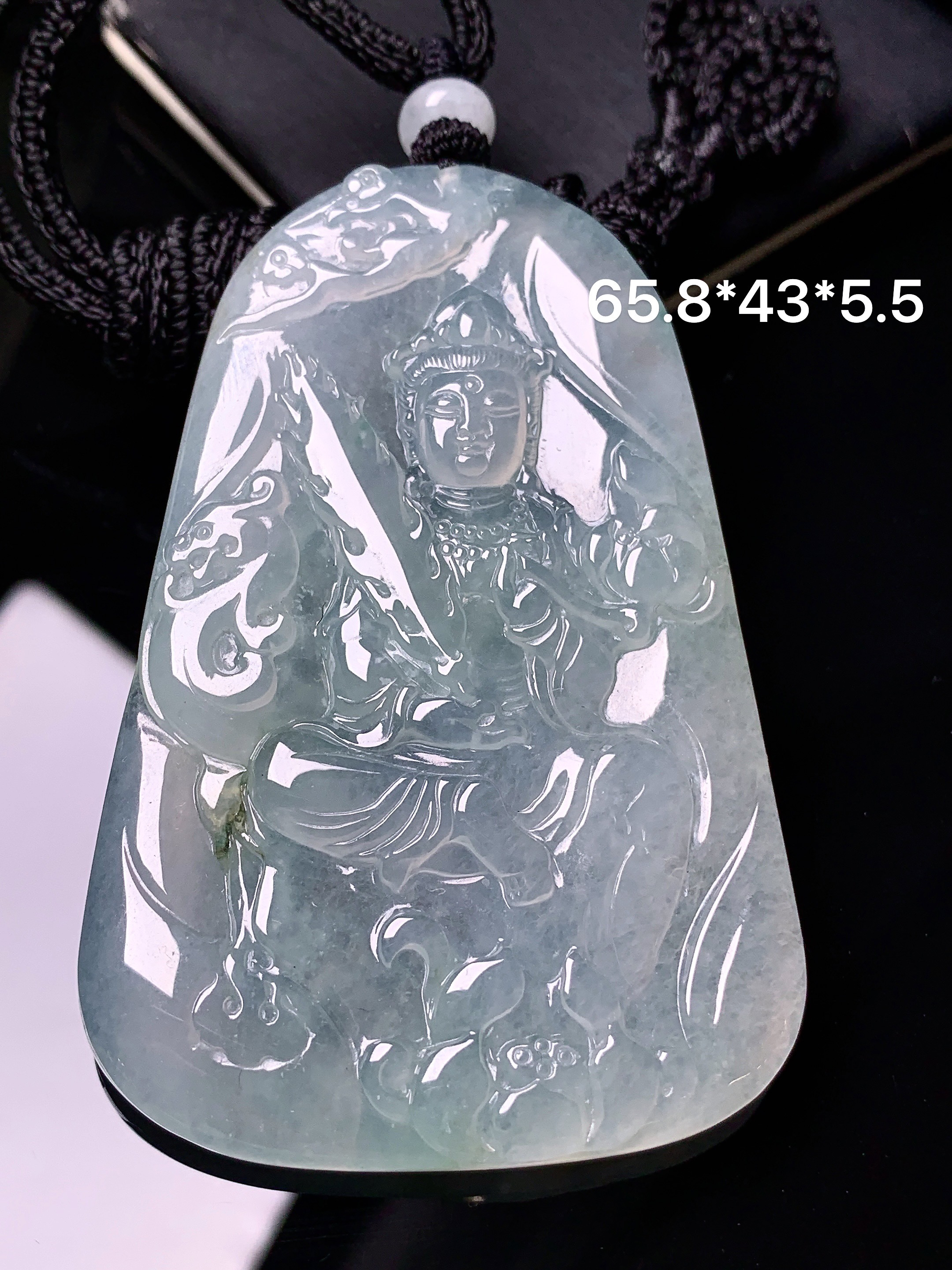 冰种观音菩萨吊坠 玉质细腻 色泽艳丽清新 整体尺寸65.8*43*5.5 L1