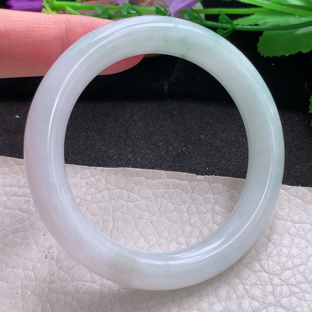 z实拍54*10美人镯 缅甸翡翠a货玉手镯冰飘花圆条珠宝玉手环