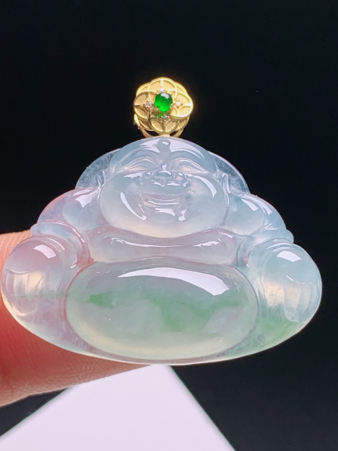 ️  冰种飘绿佛公吊坠，冰玻种通透带俏绿，18k金扣简约镶嵌，笑佛纳福平安喜乐
