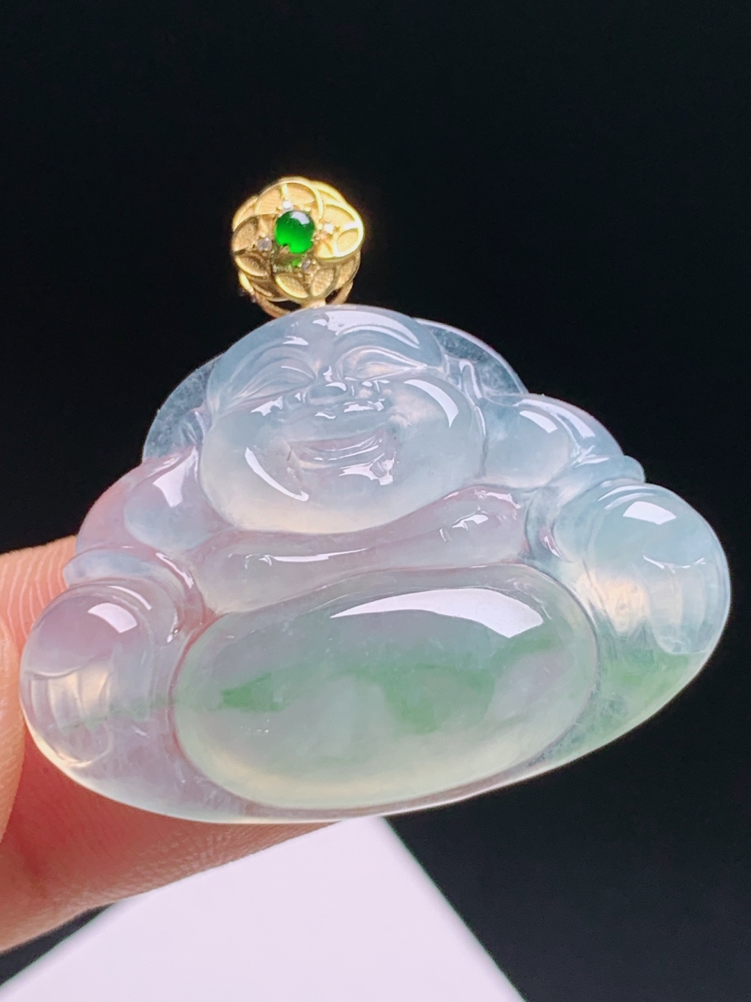 ️  冰种飘绿佛公吊坠，冰玻种通透带俏绿，18k金扣简约镶嵌，笑佛纳福平安喜乐
