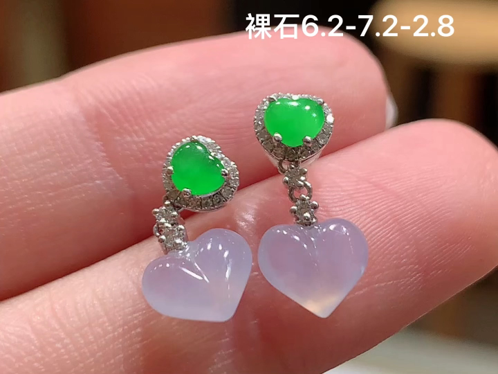 18K 冰底色爱心耳坠 无裂, 尺寸，6.2-7.2-2.8