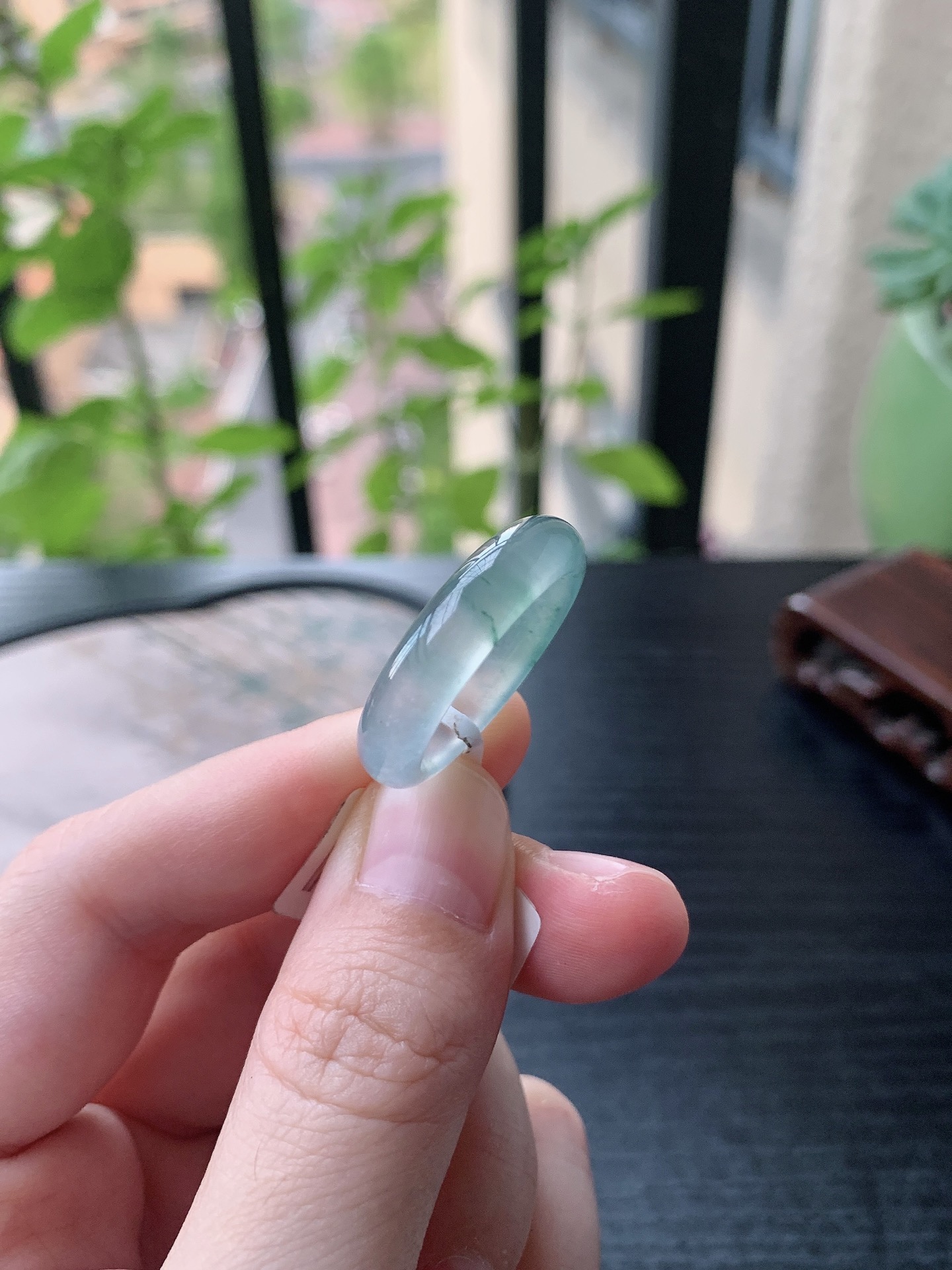 老坑冰种胶感飘花素面戒指 裸石尺寸:18.8-5.8-3.8mm