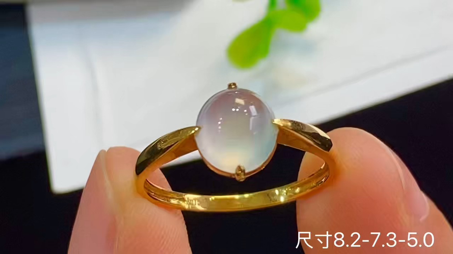 18k金+钻玻璃种蛋面戒指，无暇，8.2-7.3-5.0