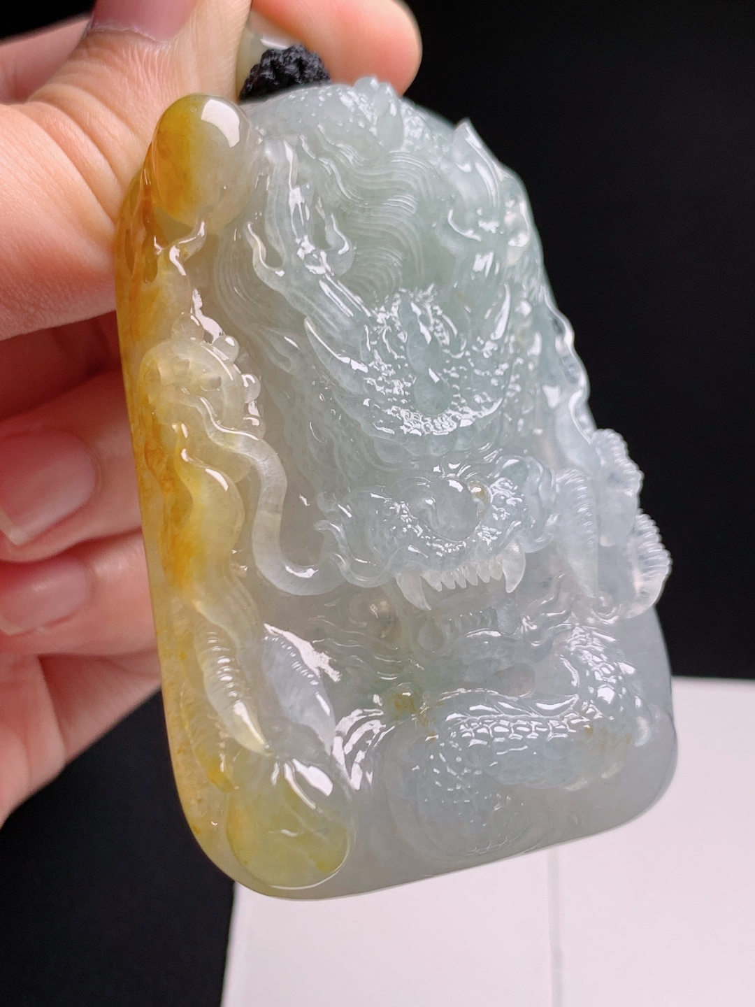 冰黄翡俏色龙牌挂件，黄皮巧雕神龙霸气立体，种老水足收藏优选 4306