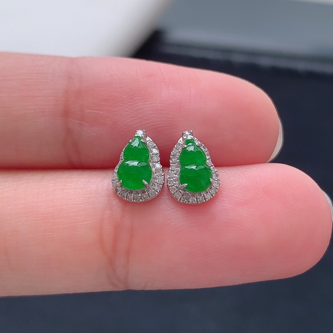 冰阳绿葫芦耳钉 莹莹青翠，种老细腻水润，佩戴优雅时尚 货号114602，6.1-3.8-1.1