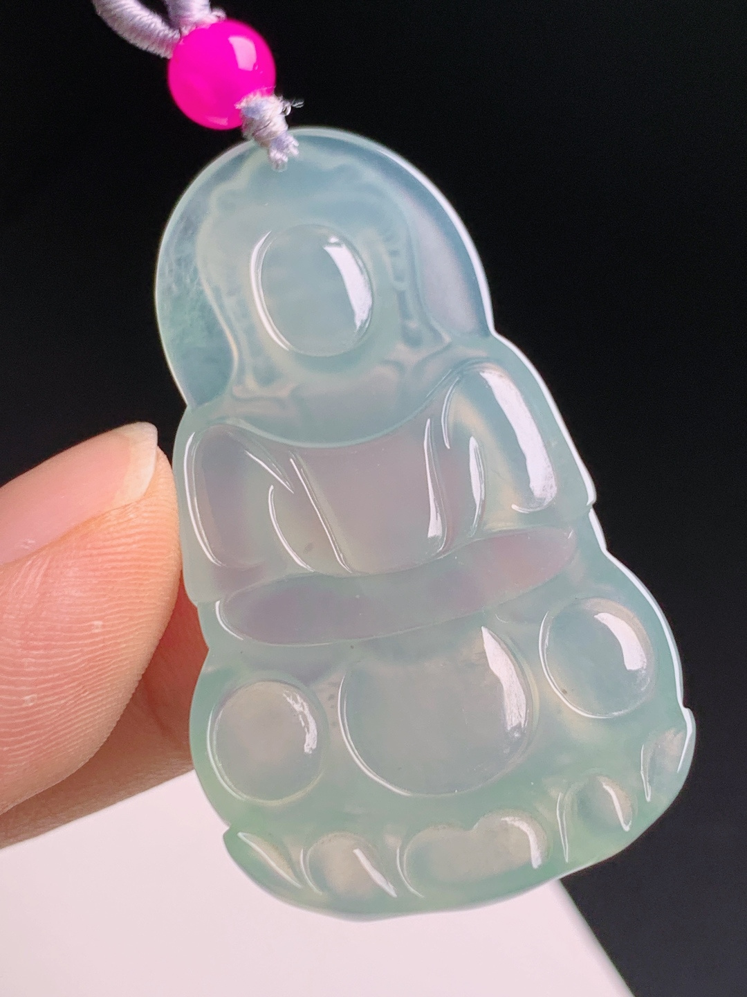 ️ 观音，冰种匀净带浅绿，配精品粉珠挂绳，静心护身端庄大气 4906