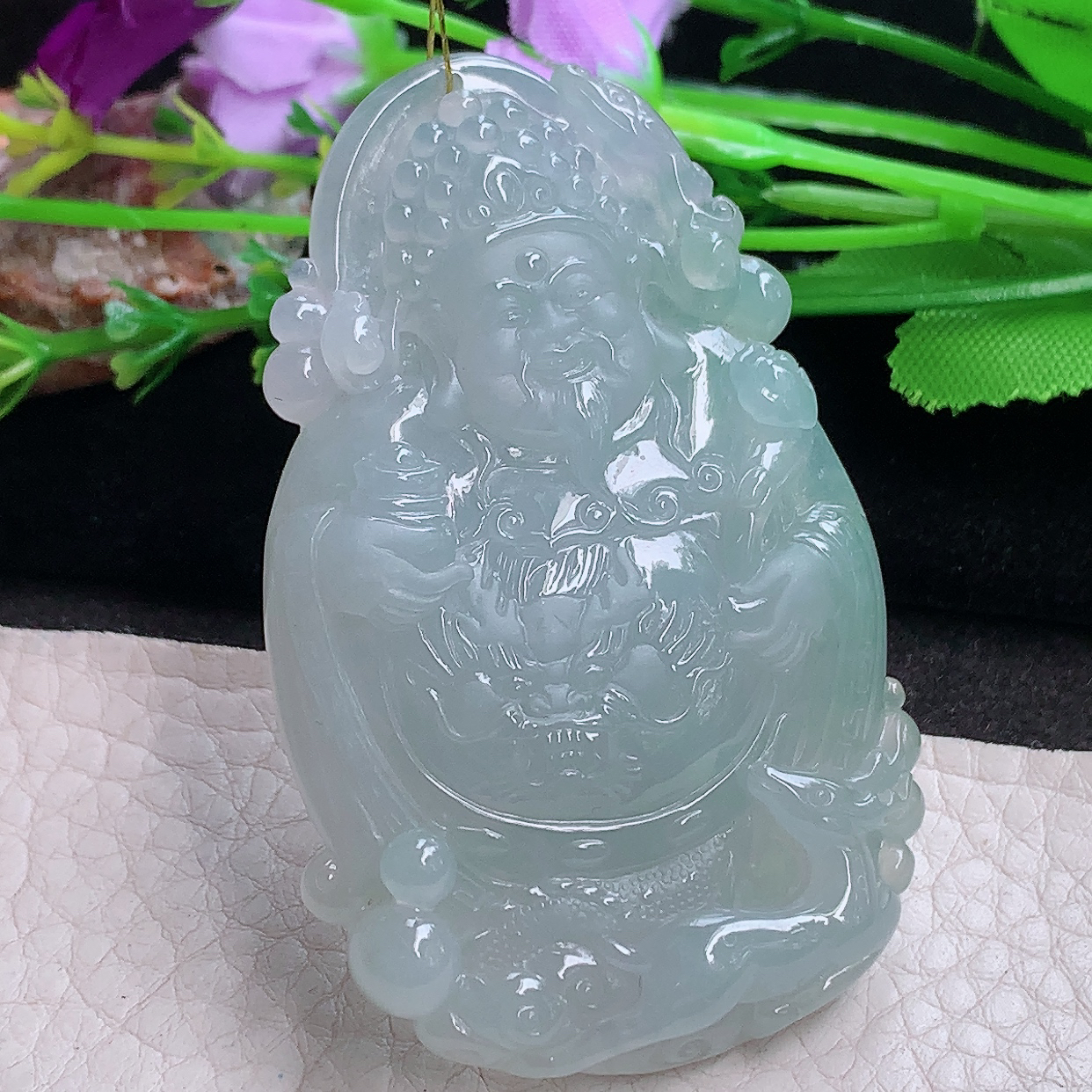 xj实拍65*41*8天然缅甸翡翠a货冰晴黄财神 财爷玉吊坠 玉挂件