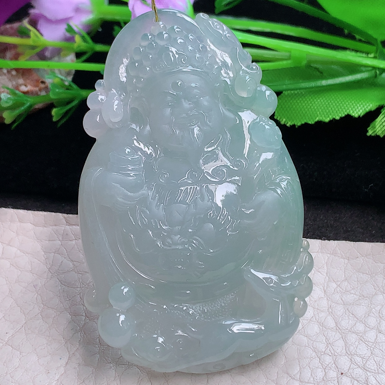 xj实拍65*41*8天然缅甸翡翠a货冰晴黄财神 财爷玉吊坠 玉挂件