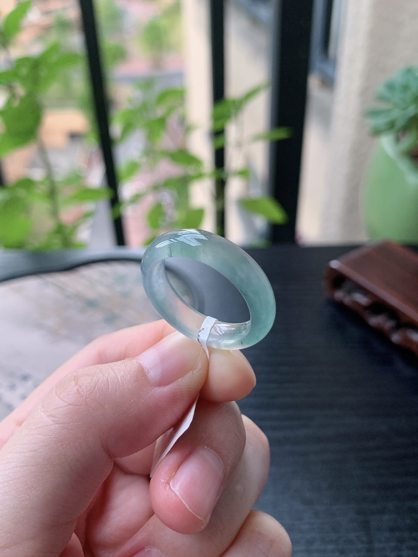 老坑冰种胶感飘花素面戒指 裸石尺寸:18.8-5.8-3.8mm