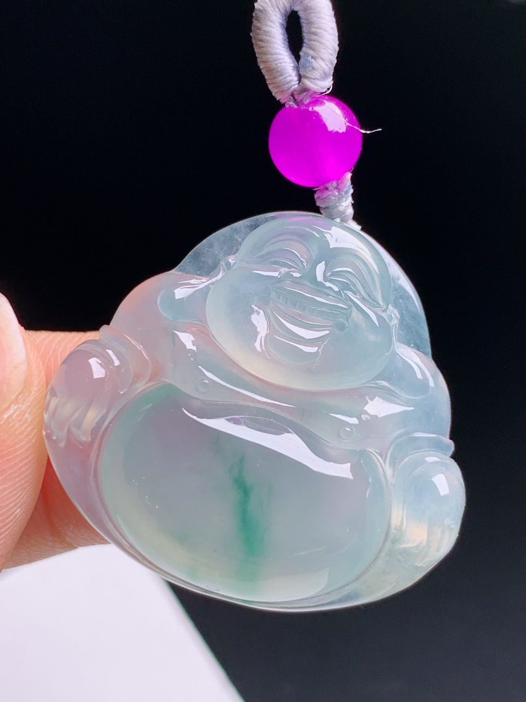️ 冰种飘花佛公，冰透底子俏带绿丝，粉珠配绳简约大气，笑口迎福福气满满 4906