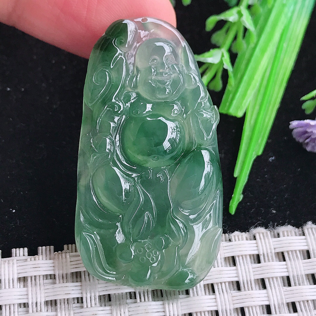 实拍A货翡翠42.5/23.2/5老坑冰果冻冰飘花弥勒佛笑佛吊坠翡翠玉牌