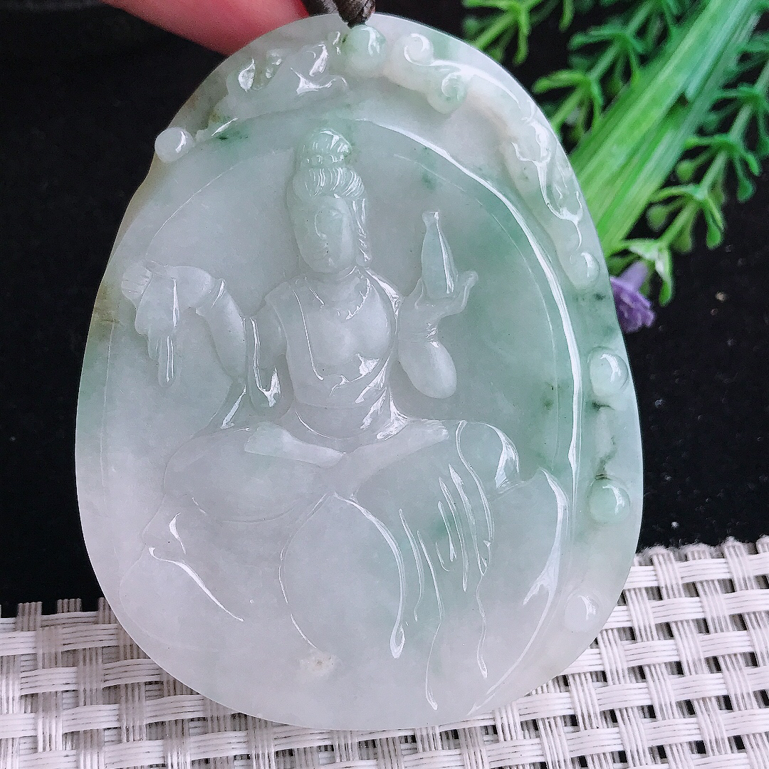 实拍A货翡翠70/55.5/7.8老坑温润飘花赐福观音吊坠翡翠观音牌