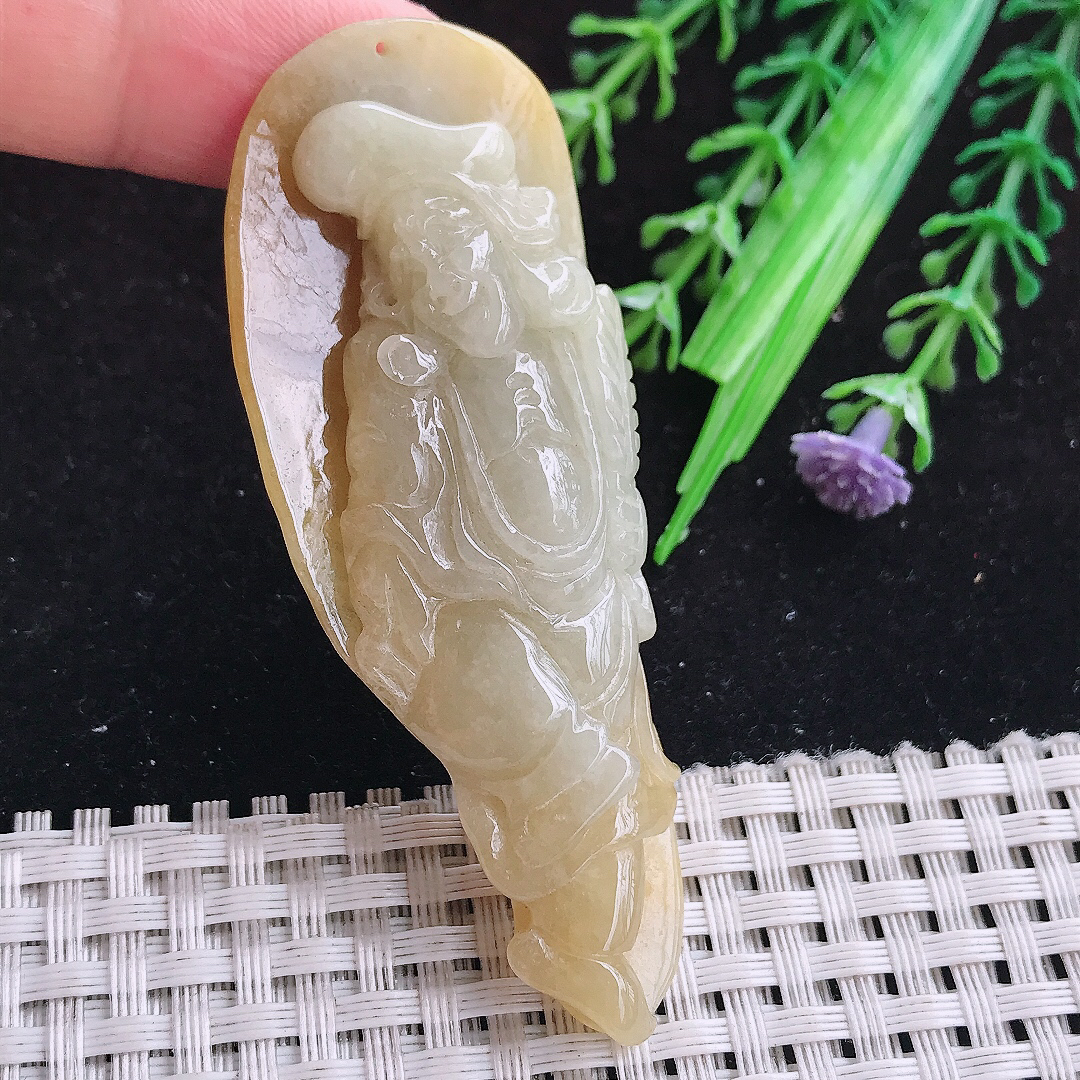 实拍A货翡翠71/27.5/12老坑精美温润黄翡活佛济公吊坠翡翠玉牌