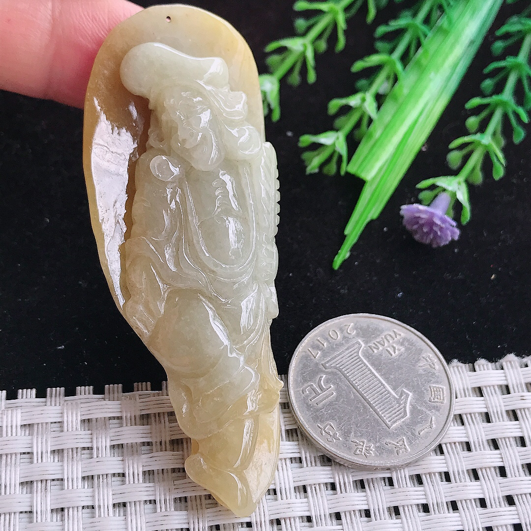 实拍A货翡翠71/27.5/12老坑精美温润黄翡活佛济公吊坠翡翠玉牌