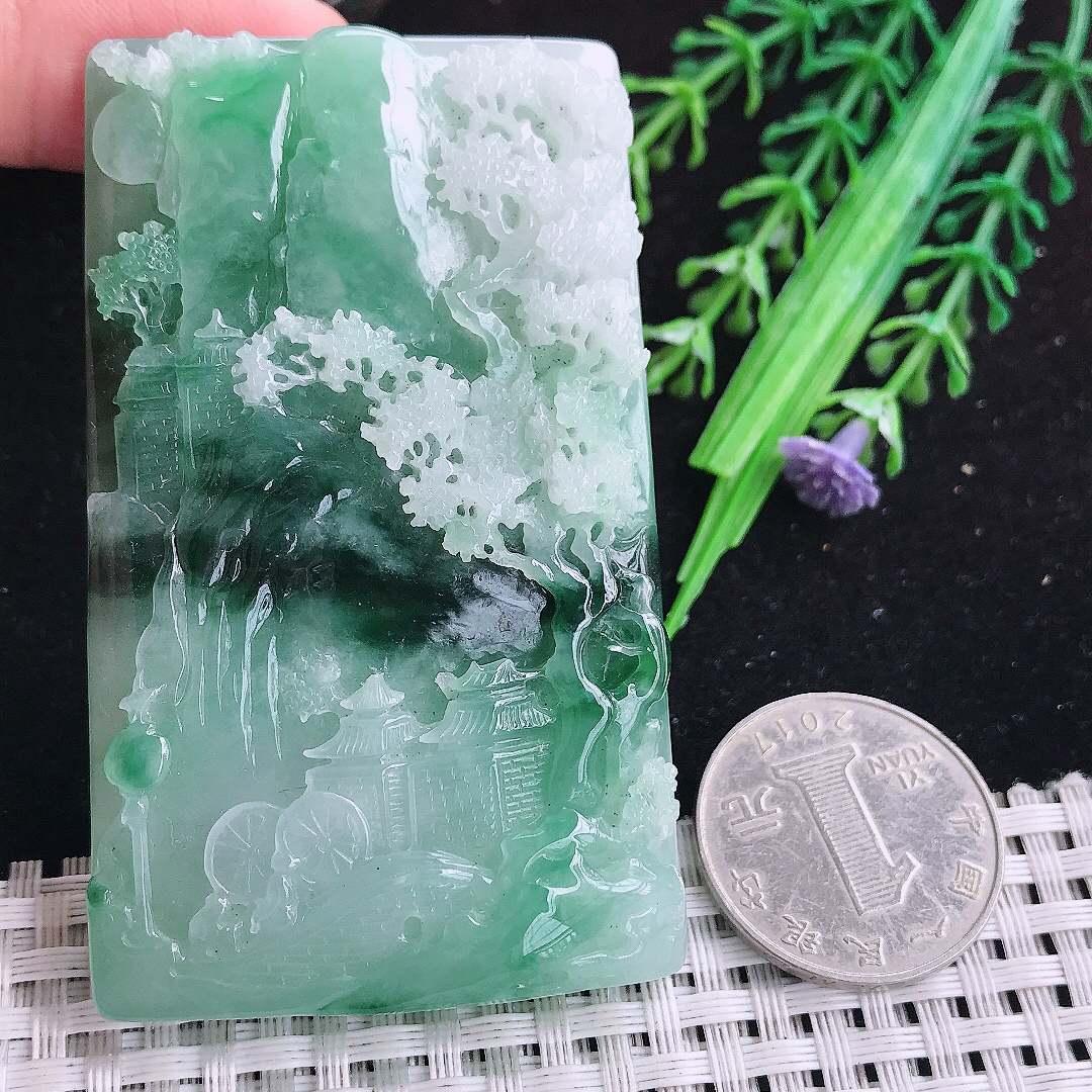 实拍A货翡翠71.5/43.5/11老坑精美温润双彩飘花山水牌吊坠翡翠玉牌挂件