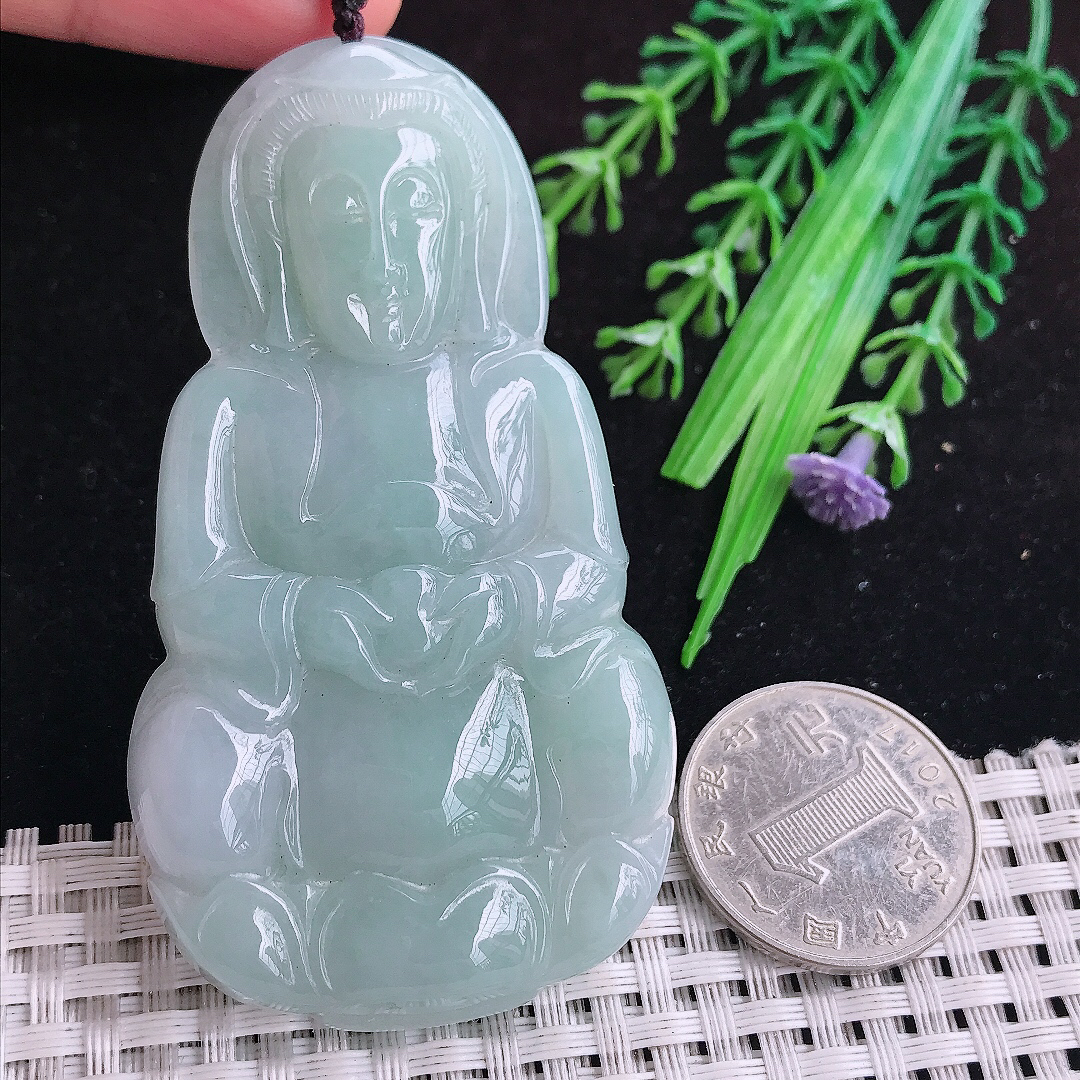 实拍A货翡翠75/41/8老坑秀气温润晴底大观音吊坠翡翠赐福观音牌