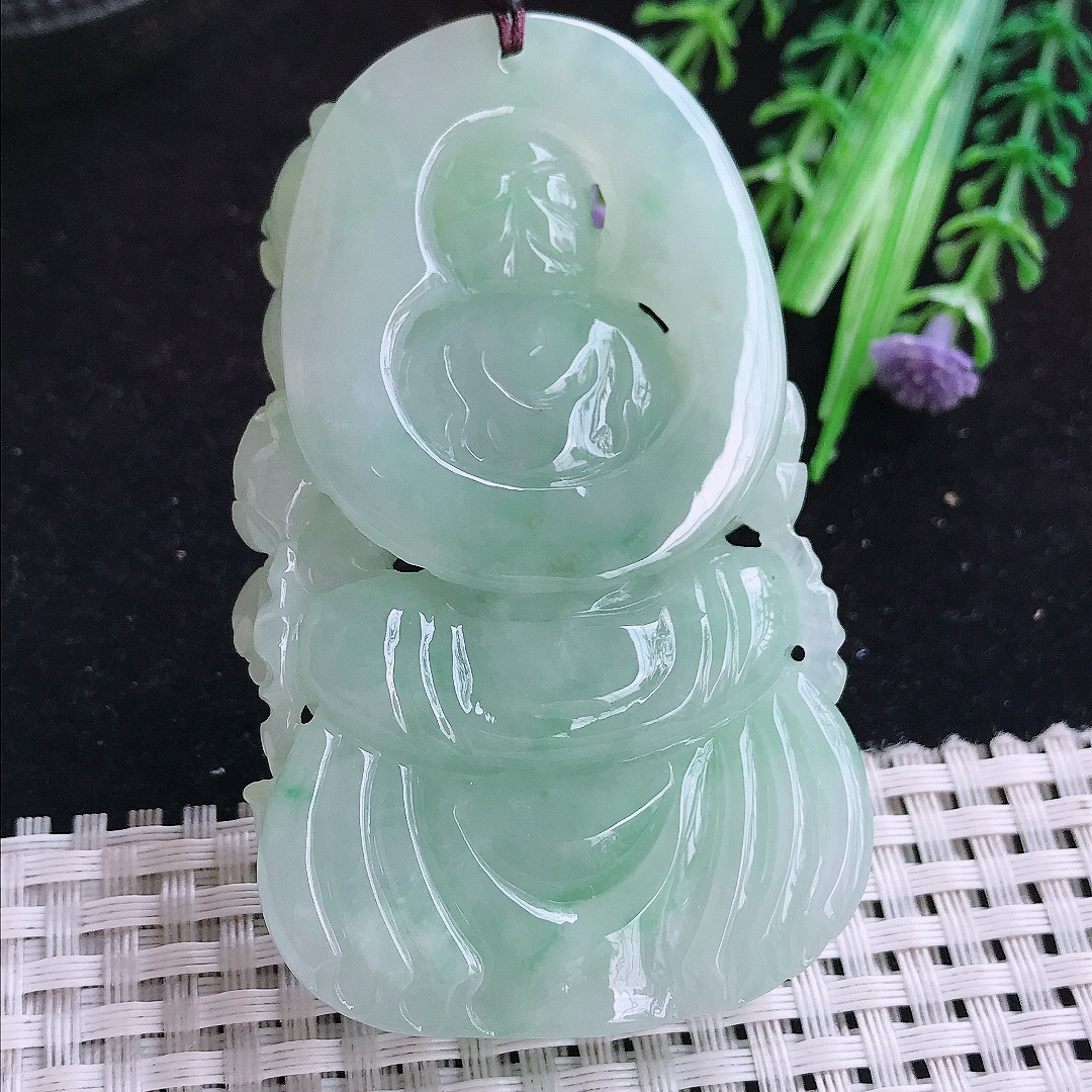 实拍A货翡翠70.8/44/14.2老坑冰胶冰晴底赐福观音吊坠翡翠厚装玉牌