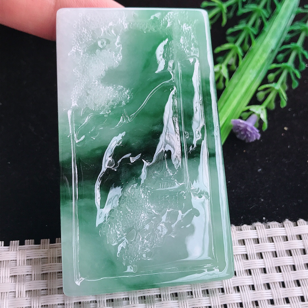 实拍A货翡翠71.5/43.5/11老坑精美温润双彩飘花山水牌吊坠翡翠玉牌挂件