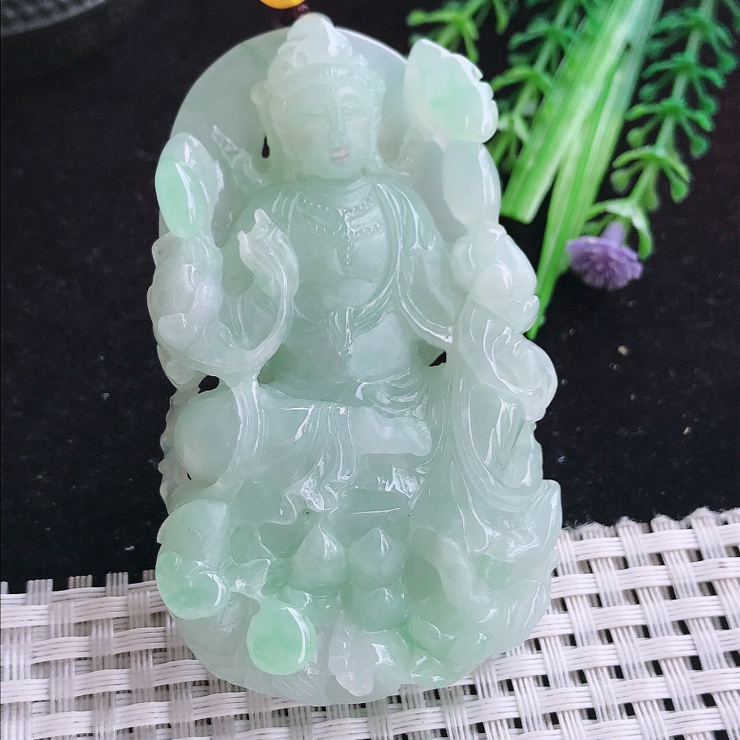 实拍A货翡翠70.8/44/14.2老坑冰胶冰晴底赐福观音吊坠翡翠厚装玉牌