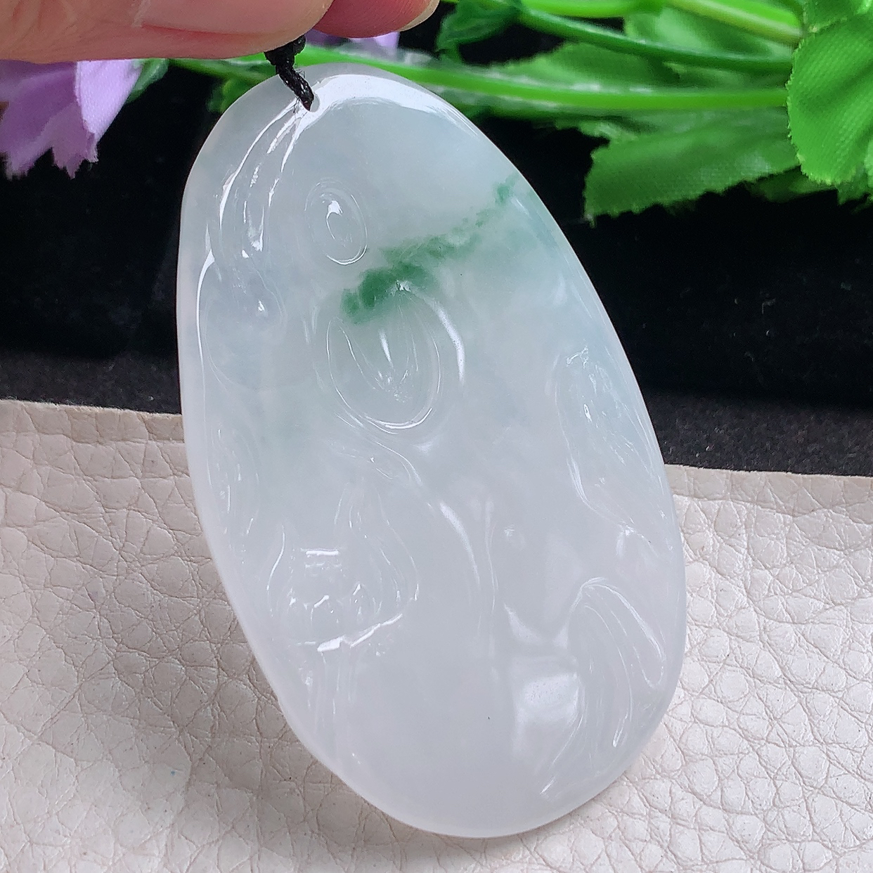 kh实拍60.6*38*5.5缅甸翡翠a货精雕冰飘花普贤菩萨 生肖守护神玉吊坠