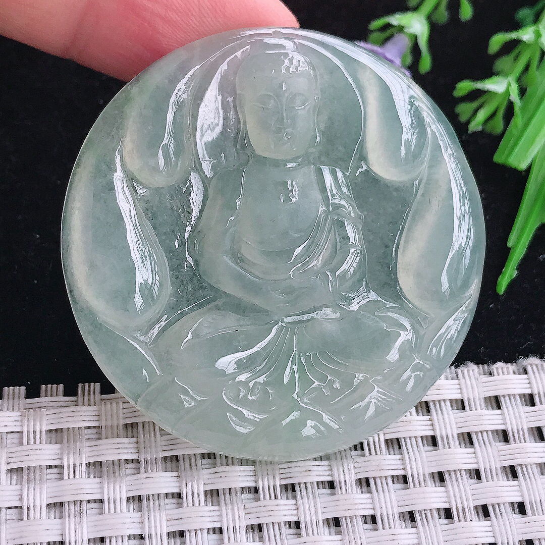 实拍A货翡翠47.5/5.6老坑冰胶果冻冰晴大日如来佛祖吊坠翡翠圆牌玉牌