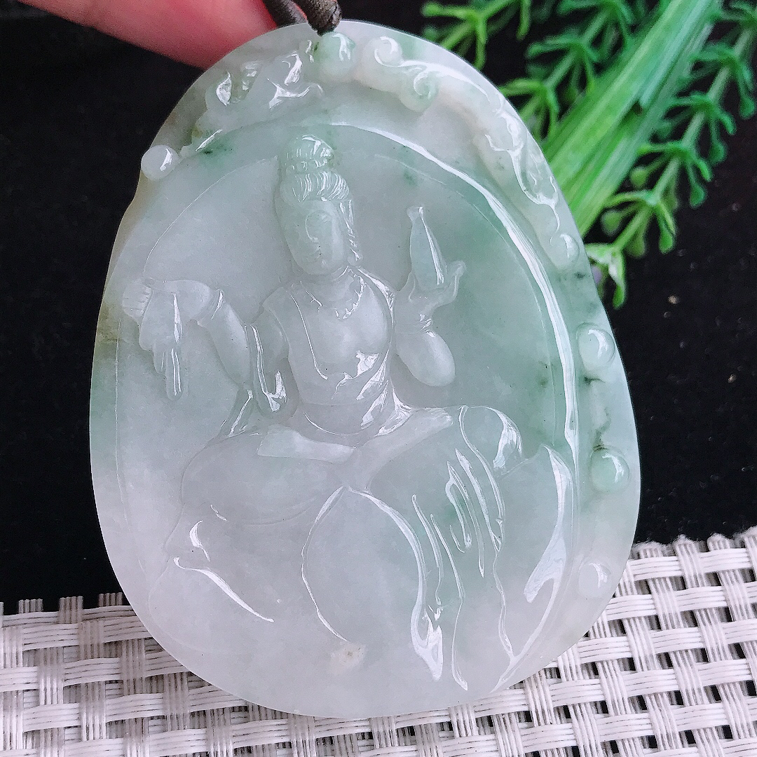 实拍A货翡翠70/55.5/7.8老坑温润飘花赐福观音吊坠翡翠观音牌