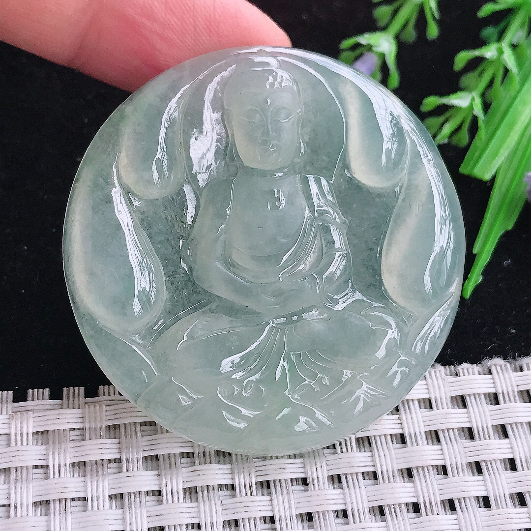 实拍A货翡翠47.5/5.6老坑冰胶果冻冰晴大日如来佛祖吊坠翡翠圆牌玉牌