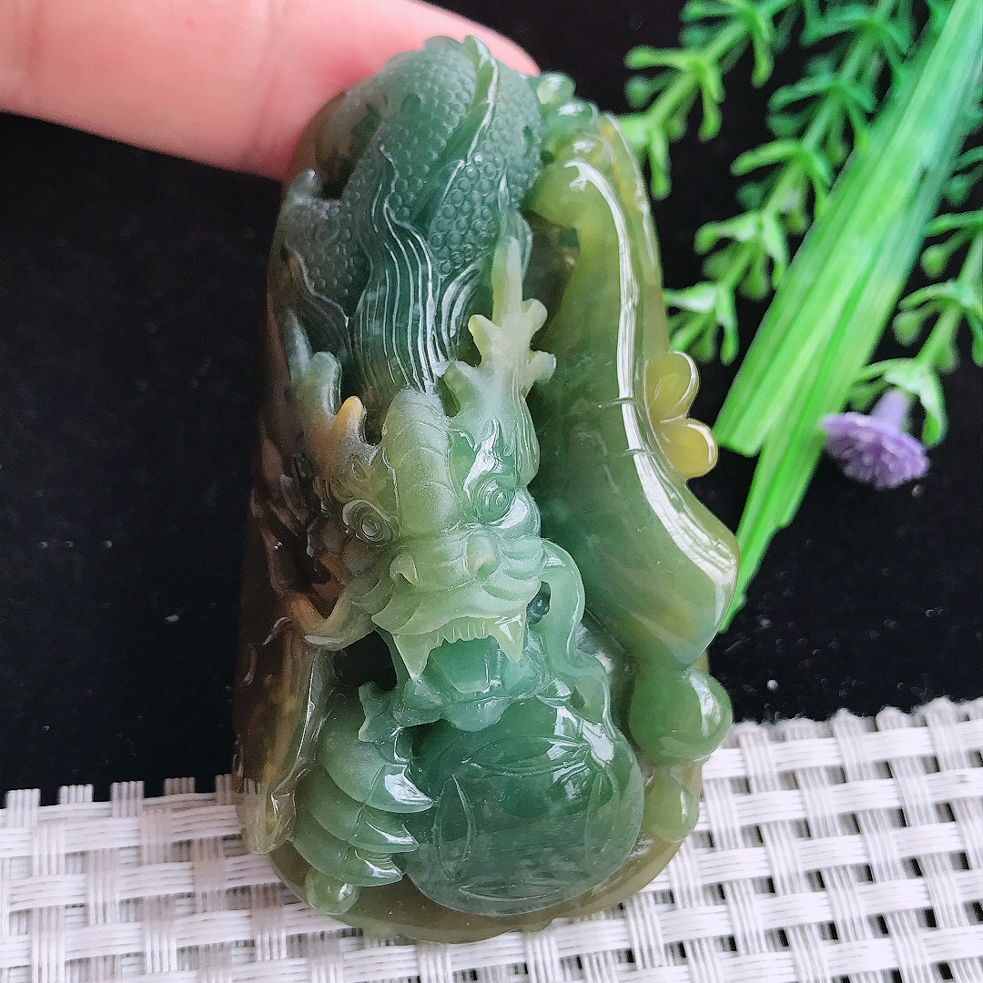 实拍A货翡翠69.6/37.8/21.5老坑精美温润双彩霸气龙牌吊坠翡翠玉牌