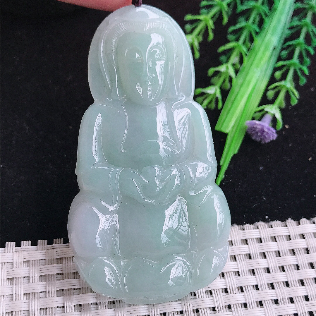 实拍A货翡翠75/41/8老坑秀气温润晴底大观音吊坠翡翠赐福观音牌