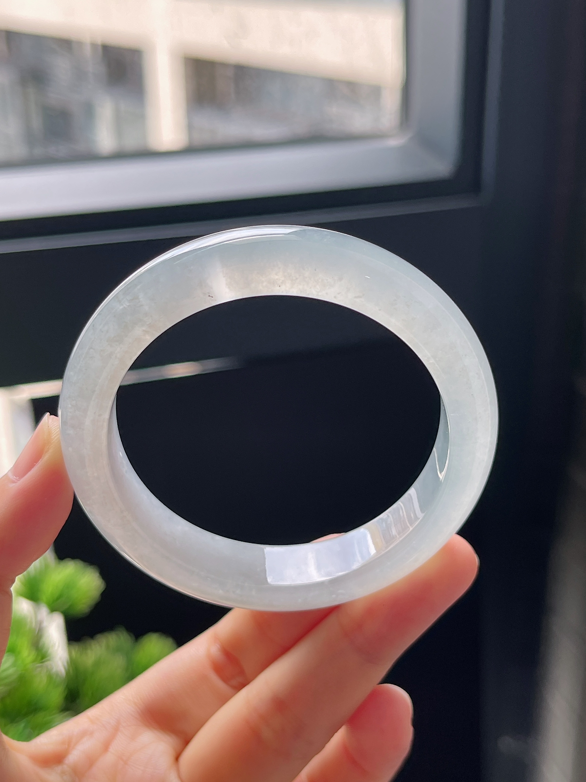 圈口52，冰白翡翠正圈手镯