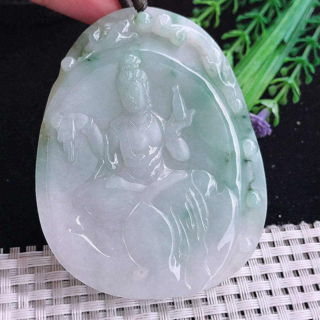 实拍A货翡翠70/55.5/7.8老坑温润飘花赐福观音吊坠翡翠观音牌
