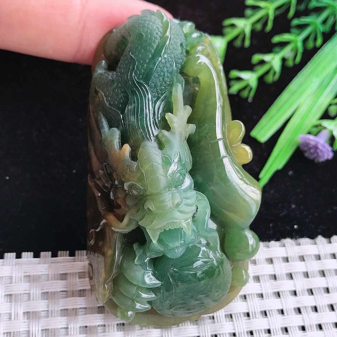 实拍A货翡翠69.6/37.8/21.5老坑精美温润双彩霸气龙牌吊坠翡翠玉牌