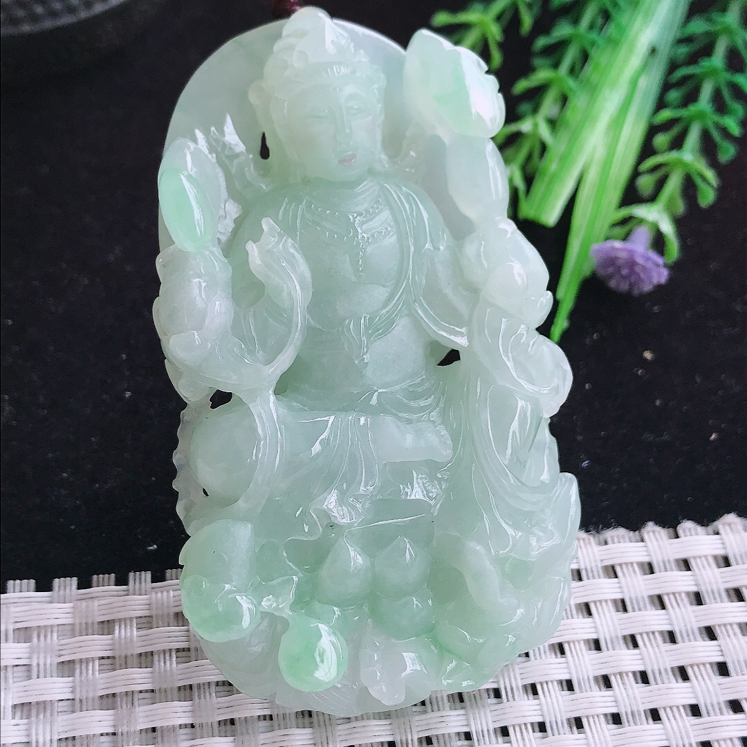 实拍A货翡翠70.8/44/14.2老坑冰胶冰晴底赐福观音吊坠翡翠厚装玉牌