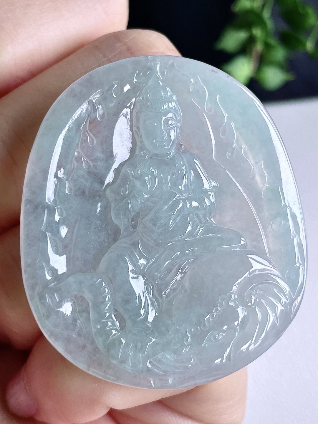 糯冰晴水普贤菩萨牌吊坠 缅料 无裂 性比高 尺寸45.6-39.6-4.7 重量17克