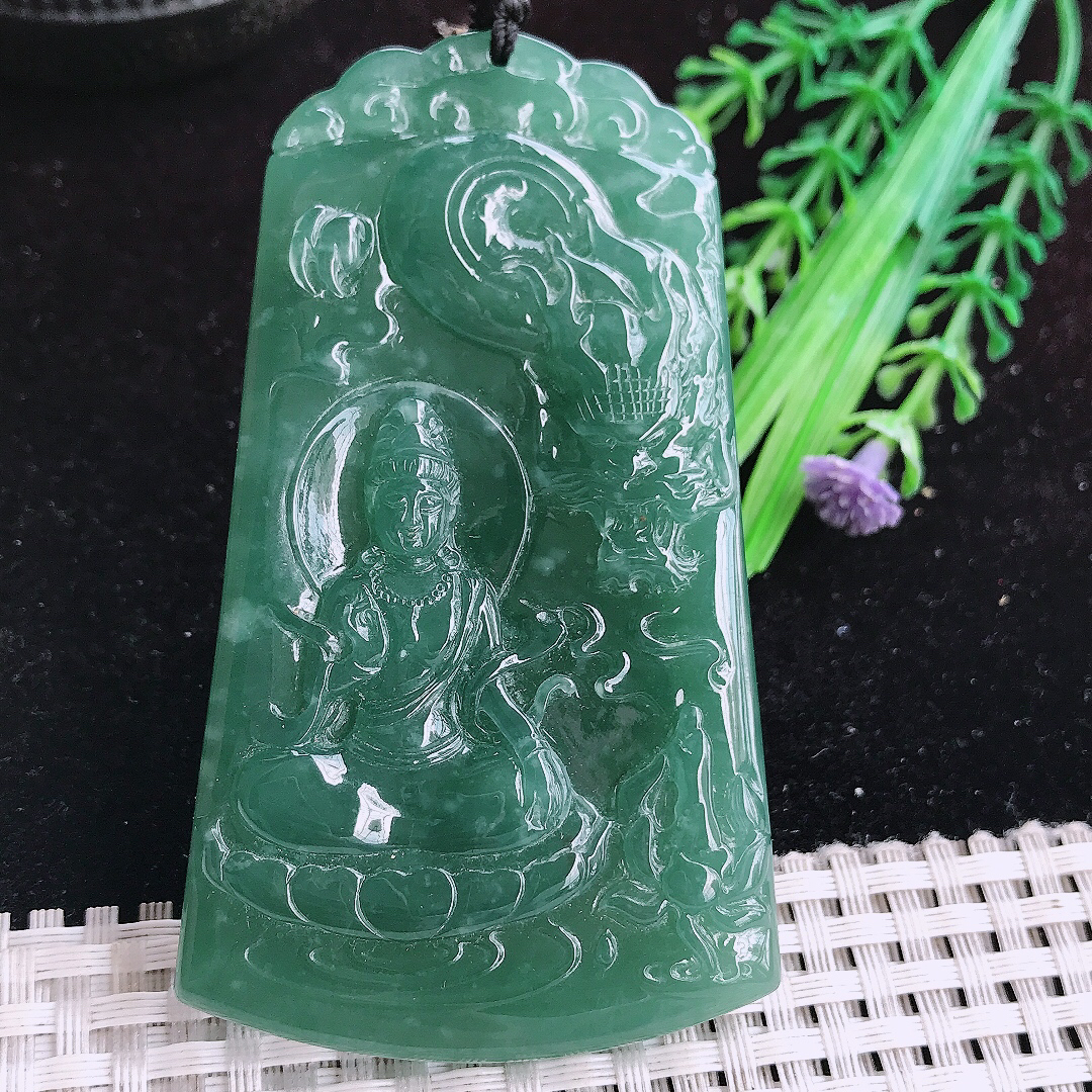 实拍A货翡翠78/45/8老坑冰润起胶满色蓝韵御龙观音吊坠翡翠玉牌