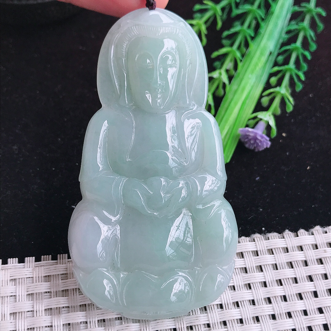 实拍A货翡翠75/41/8老坑秀气温润晴底大观音吊坠翡翠赐福观音牌